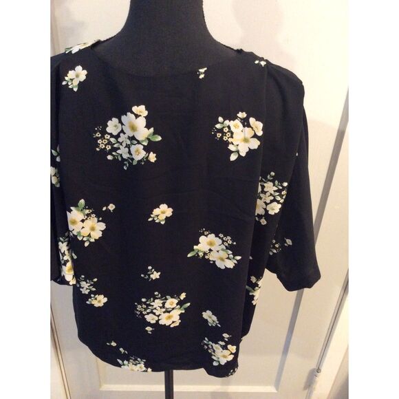 Elodie Large Black floral Button up blouse Womens L V Neck - Picture 3 of 4